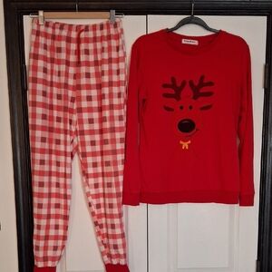 Festive Red and White Pajama Set with Reindeer Design